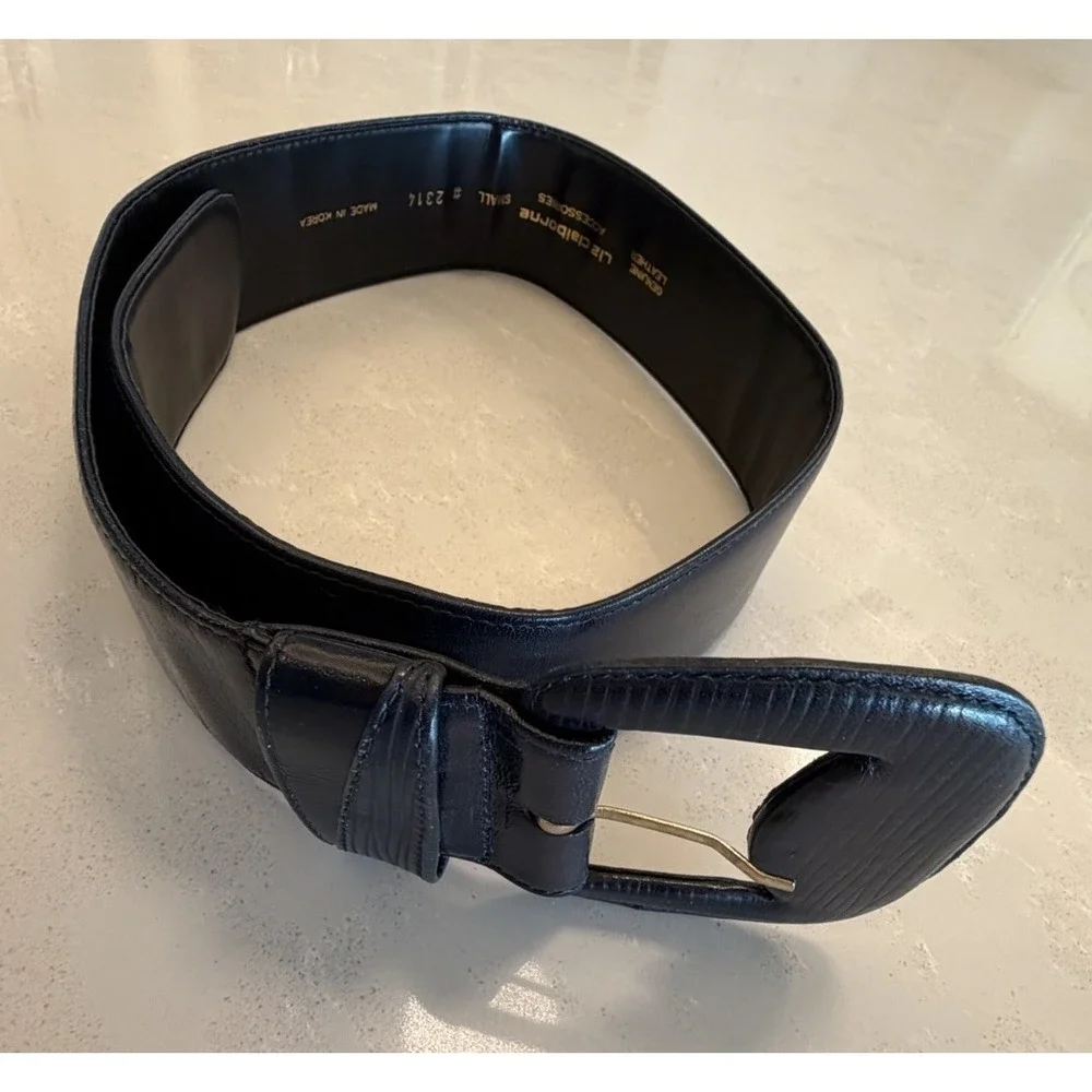 Vintage Liz Claiborne Genuine Leather Wide Black Waist Belt Small Korea 2314